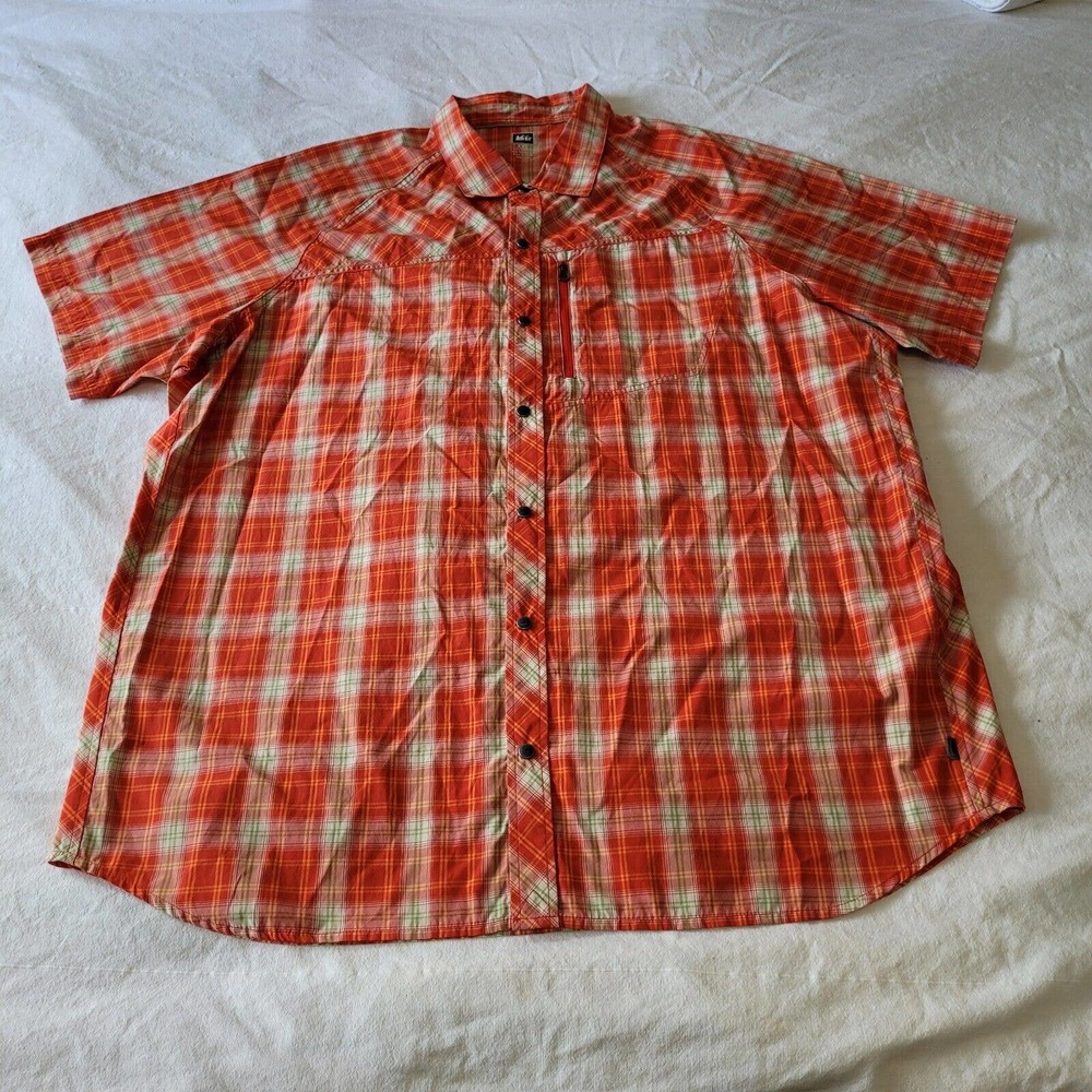 REI Tech Snap Front Shirt Mens XXL Plaid Hiking Fishing Camp Red Orange RN37249